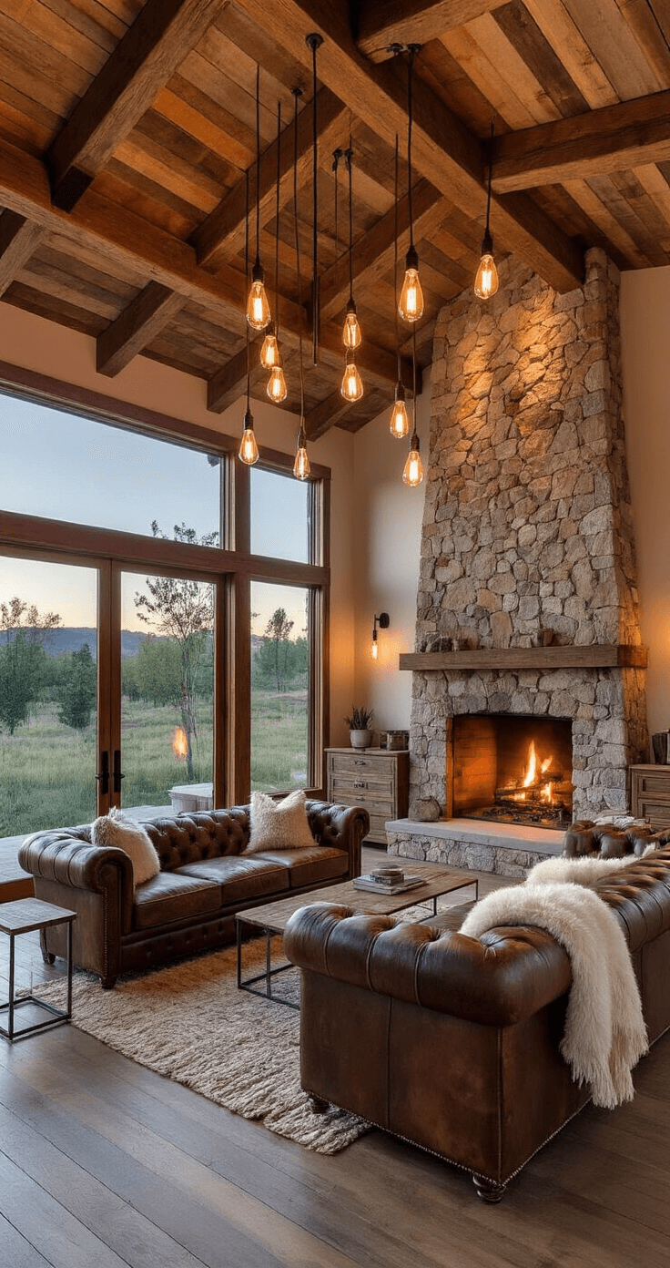 A rustic-modern living room at dusk featuring exposed wooden beams, a stone fireplace, a leather Chesterfield sofa, industrial metal side tables, and warm lighting from vintage Edison bulbs, with soft wool and sheepskin throws.