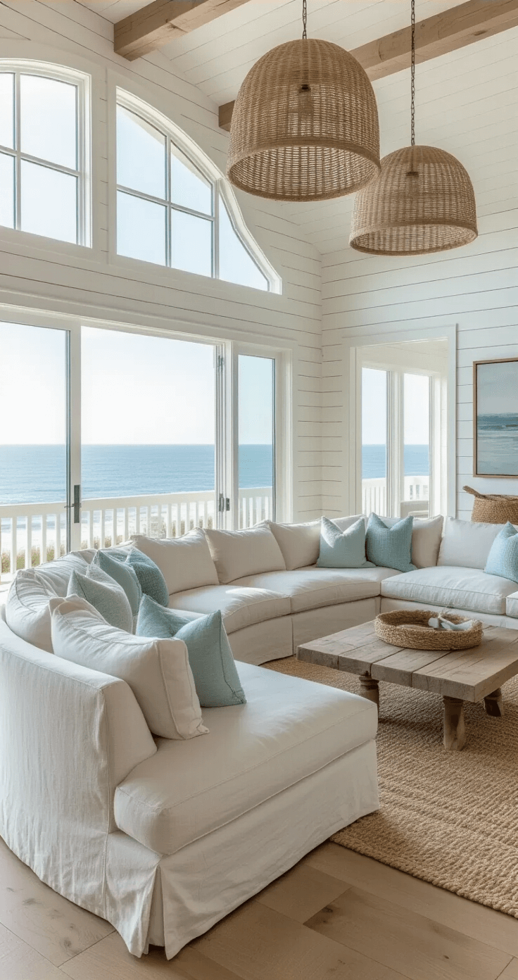 A coastal-inspired great room featuring whitewashed shiplap walls and pale oak flooring, illuminated by morning light. A curved linen sectional with sea glass-toned pillows faces expansive ocean views, while woven pendant lights and maritime artifacts enhance the ambiance.