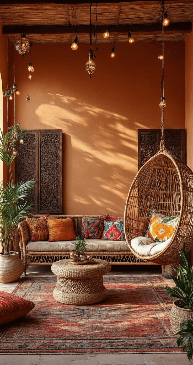 Bohemian living space with terracotta walls, vintage rattan furniture, a hanging wicker chair draped in Moroccan textiles, market lights, and carved wooden screens, captured during sunset.