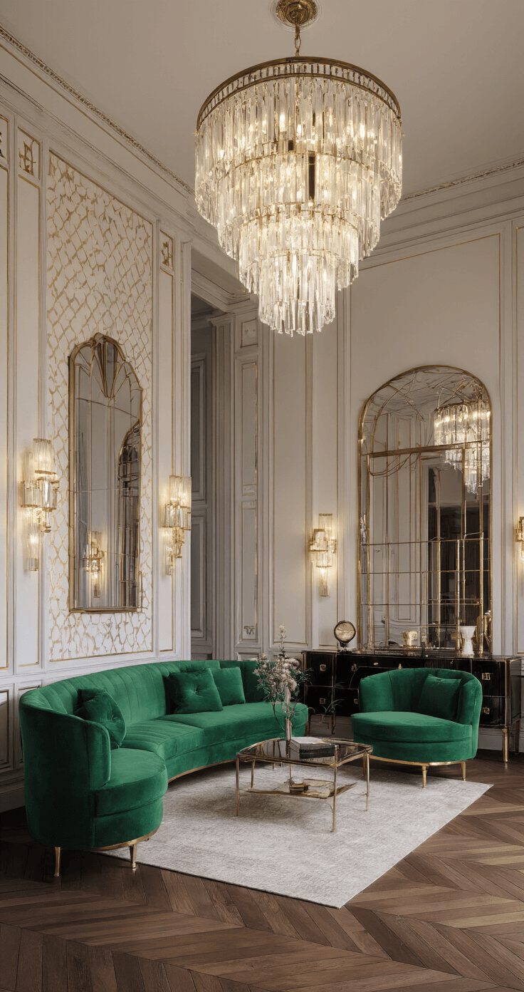 A high-angle view of an Art Deco-inspired formal living room at twilight, featuring cream and gold geometric wallpaper, herringbone hardwood floors, an emerald velvet sofa, brass-framed armchairs, crystal sconces, and a tiered chandelier, all highlighted with elegant black lacquered furniture and antiqued glass mirrors.