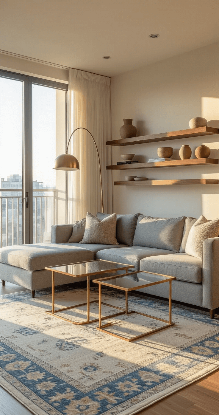 A cozy contemporary small apartment living room with a grey sectional, brass and glass nesting coffee tables, and warm ivory walls adorned with floating walnut shelves. Sunlight streams through floor-to-ceiling windows, highlighting a Persian-style rug in muted blues and creams, complemented by layered lighting from an arc floor lamp and recessed ceiling spots.