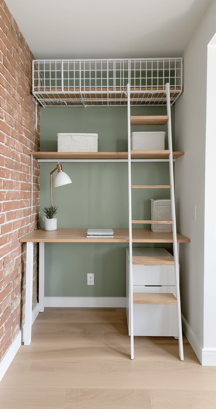 Interior shot of a minimal living space featuring a floor-to-ceiling white grid storage system against a sage green wall, a light oak ladder desk that also serves as shelving, and exposed brick details, all illuminated by cool morning light.