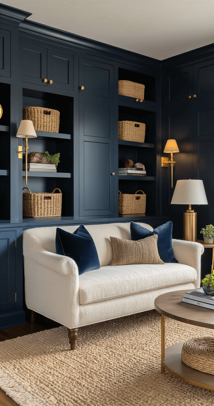A cozy dusk living room with custom matte navy built-in cabinets, a cream bouclé loveseat, and warm brass sconces. The scene features textured elements like woven baskets, velvet pillows, and a jute rug, with rich jewel tones and metallic accents, all captured in moody dramatic lighting.