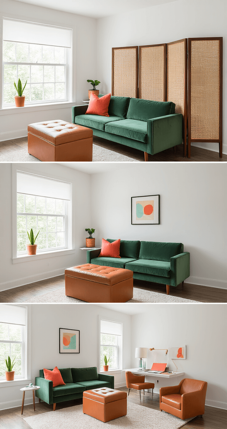 Bright afternoon shot of a multifunctional 9x11ft living space featuring a walnut and cane room divider, a moss green convertible sofa bed, a cognac leather flip-top storage ottoman, and a floating desk workspace, enhanced by natural light and soft fill lighting against fresh white walls with coral and teal accents.
