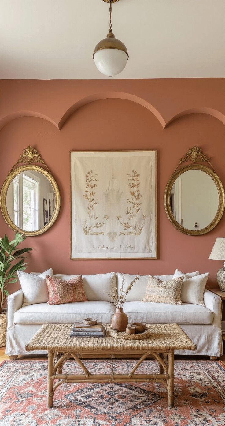A bright and airy living room makeover featuring a DIY terracotta arch wall, vintage brass mirrors, thrifted artwork, an upgraded IKEA sofa with a natural linen slipcover, and a rattan coffee table on a layered vintage kilim rug in earthy neutrals with dusty rose accents.