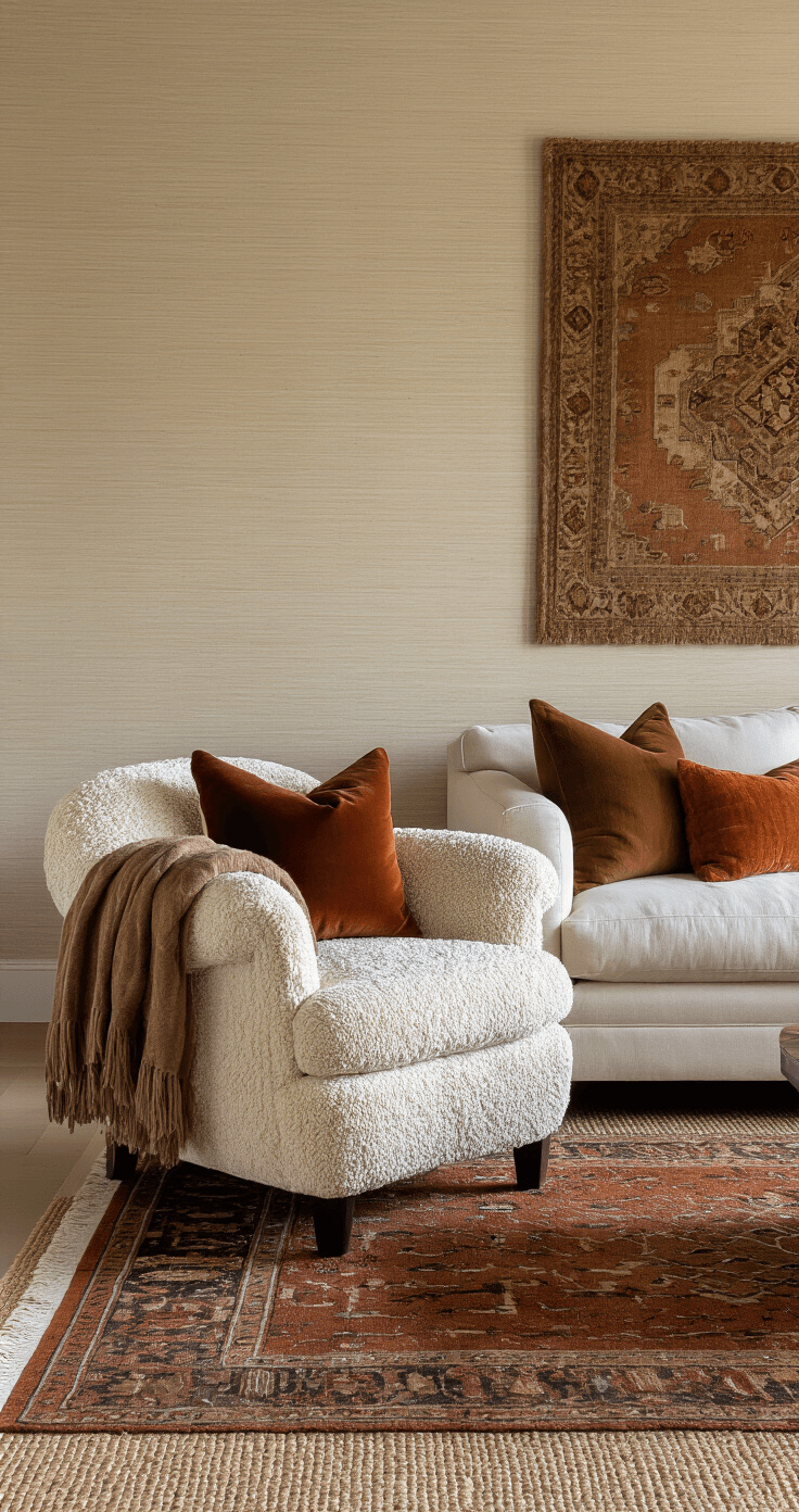 Cozy 12x12ft living room featuring a bouclé accent chair, chunky knit throws, and silk pillows, with a vintage Persian rug layered over sisal. Textured grasscloth wallpaper in warm greige adorns the walls, complemented by rich cream, rust, and chocolate brown tones, all illuminated by dramatic side lighting that highlights the various textile compositions.