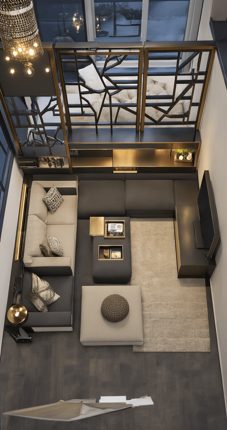 Overhead view of a multifunctional 11x13ft living space featuring modular furniture, geometric room dividers, and a modern palette, illuminated in ambient lighting during blue hour.