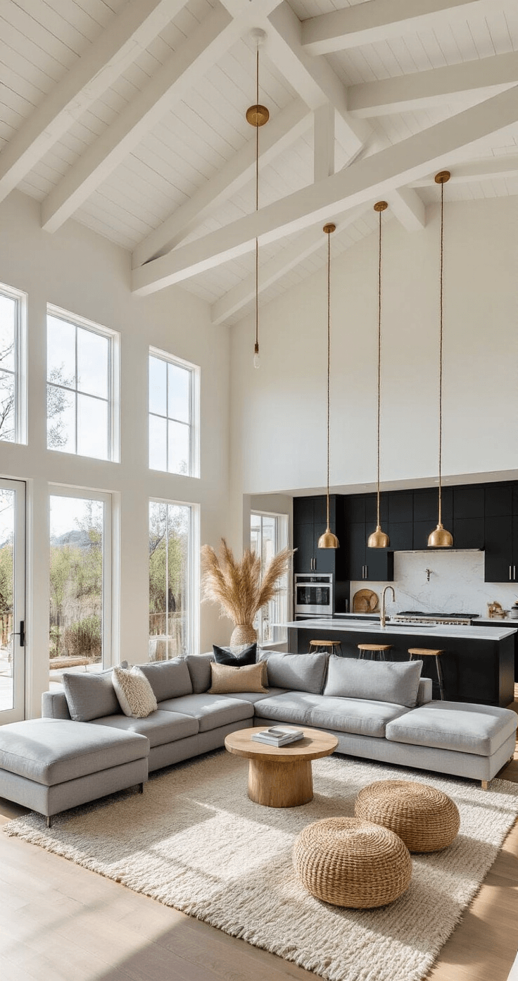A bright and spacious modern great room featuring 12' ceilings with exposed white beams, floor-to-ceiling windows, a grey sectional on a cream Moroccan rug, a white marble waterfall island, matte black kitchen cabinets, and brass pendant lights, all enhanced by natural textures and warm afternoon light.