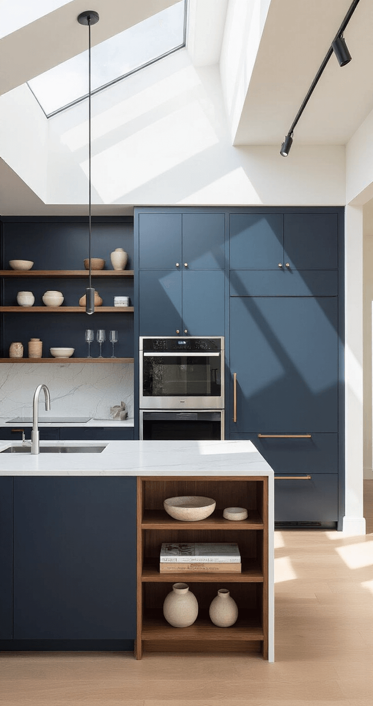 Low-angle view of a modern kitchen featuring a 20' wall of navy cabinets, integrated appliances, and morning light from skylights. An 8' island with waterfall quartz and hidden storage is central, complemented by floating walnut shelves with ceramics. The space includes minimalist track lighting and engineered oak flooring connecting to the living area, highlighting contrasts between glossy surfaces, honed stone, and warm wood.
