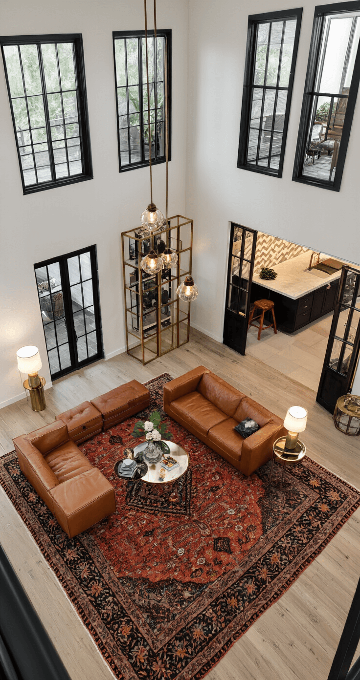 Bird's eye view of a 35'x45' open-plan living space featuring distinct zones, with a vintage Persian rug under cognac leather seating, brass and glass dividers, black-framed windows contrasting white walls, a kitchen area with a chevron tile backsplash, and soft evening lighting from floor lamps.