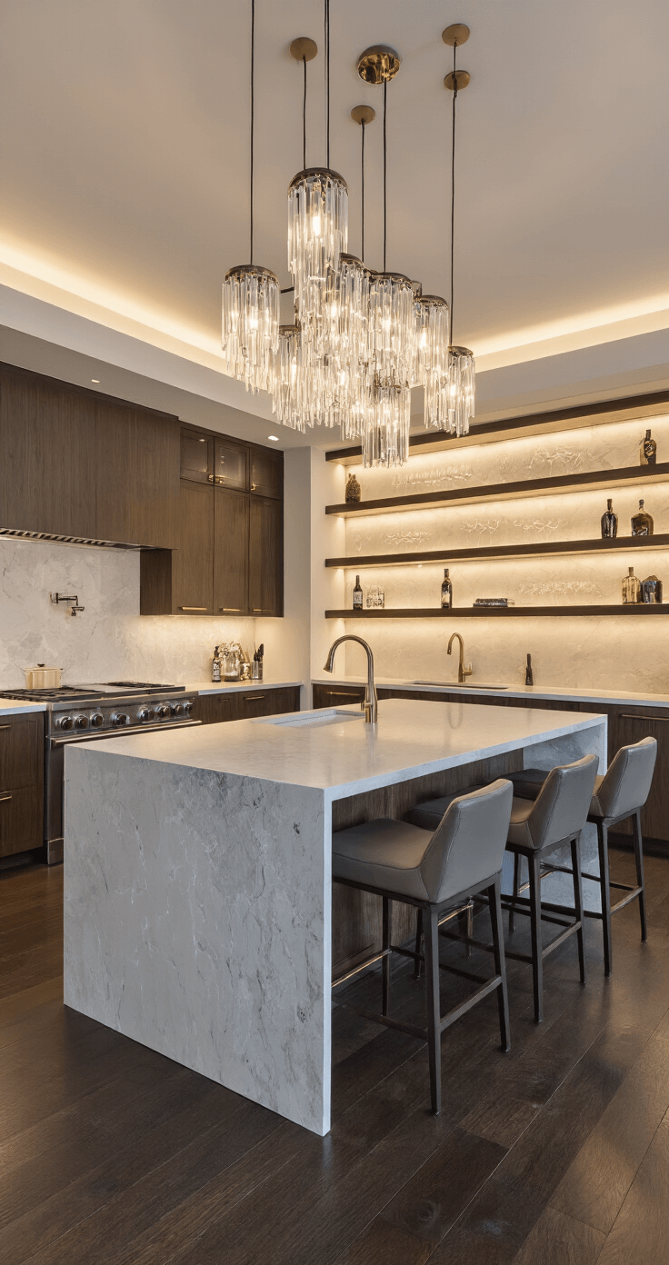 An illuminated modern dining and entertaining space featuring layered lighting design, including staggered crystal pendants above a quartzite island, cove lighting on an accent wall, a modernist chandelier above a round dining table, and backlit floating shelves showcasing barware; all set against dark walnut floors that reflect ambient light during the golden hour.