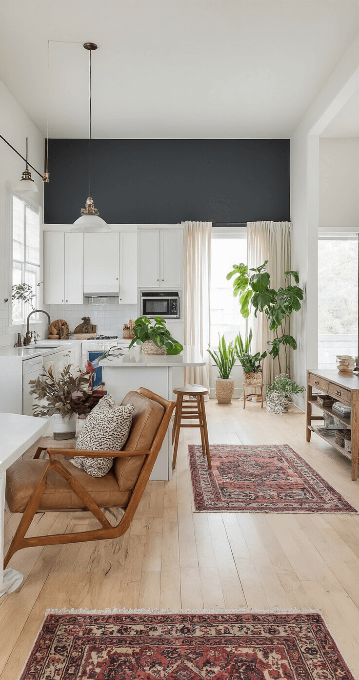 A stylish open concept room featuring thrifted mid-century furniture, a dramatic charcoal accent wall, a white IKEA kitchen, vintage Persian runners, mixed metal light fixtures, and abundant plants, all bathed in natural light from sheer linen drapes.