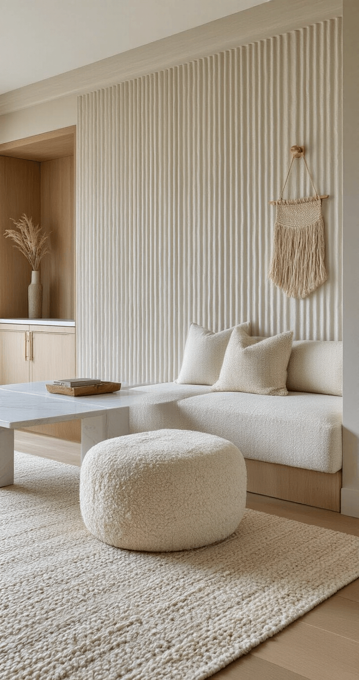 Close-up of a beautifully designed interior space showcasing a ribbed concrete feature wall alongside warm white oak cabinetry, with bouclé upholstery and sleek marble surfaces. A handwoven wall hanging enhances the artisanal feel, while brushed brass hardware reflects afternoon light. Layered neutral-toned rugs delineate the seating area, emphasizing tactile surfaces and dramatic shadows.