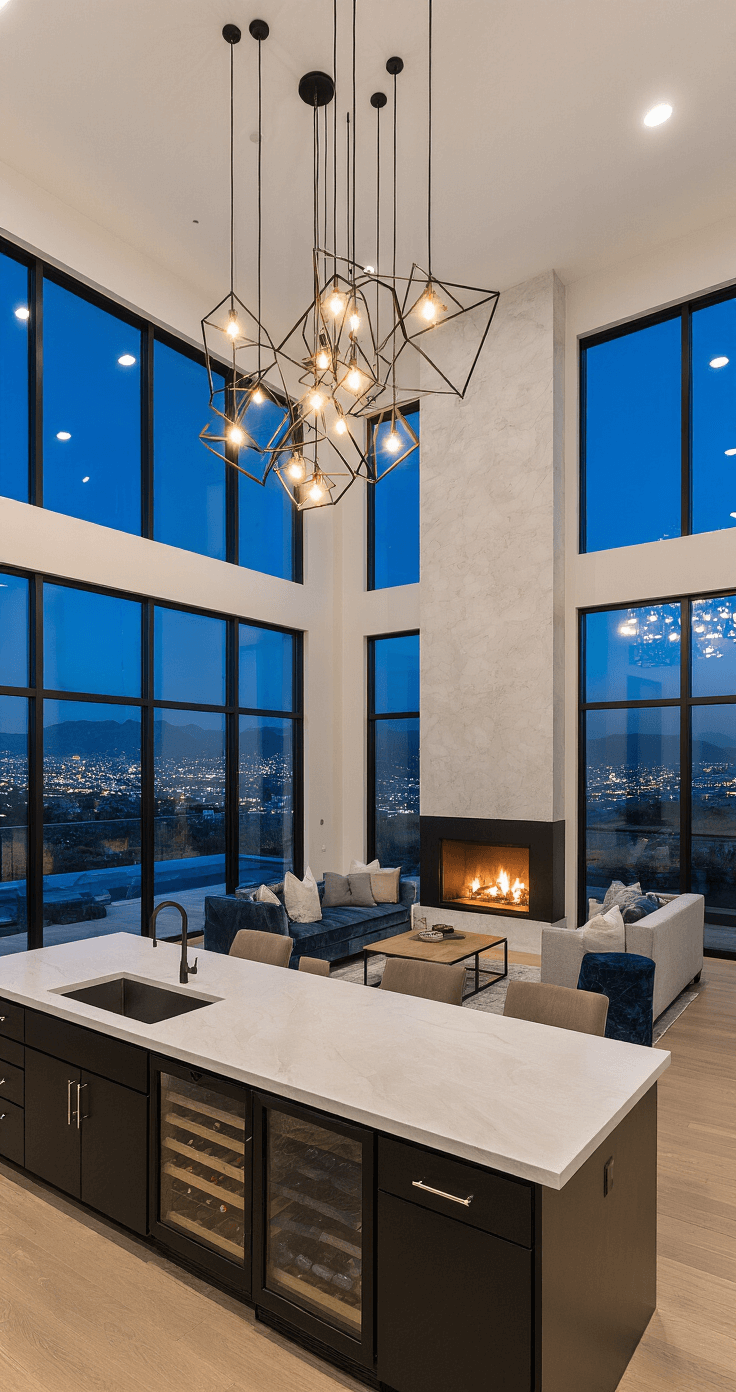 Wide-angle twilight view of a spacious great room featuring black steel-framed windows with city views, two islands with wine storage, a modern fireplace, mixed velvet seating, and a geometric pendant cluster, emphasizing indoor-outdoor flow and entertainment functionality.