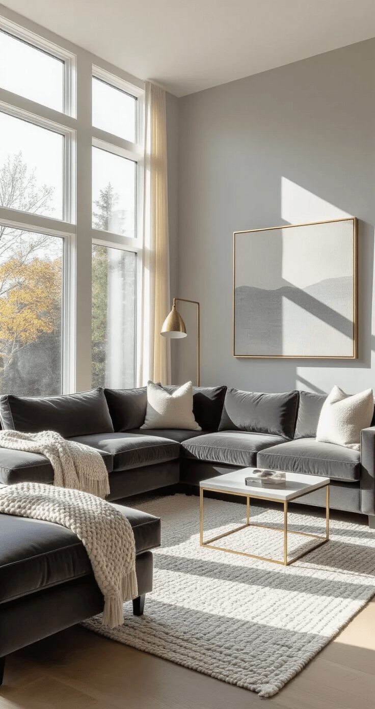 A contemporary living room featuring dove grey walls and an L-shaped charcoal velvet sofa, illuminated by natural light from floor-to-ceiling windows, with layered textures, brass accents, and a large abstract canvas.