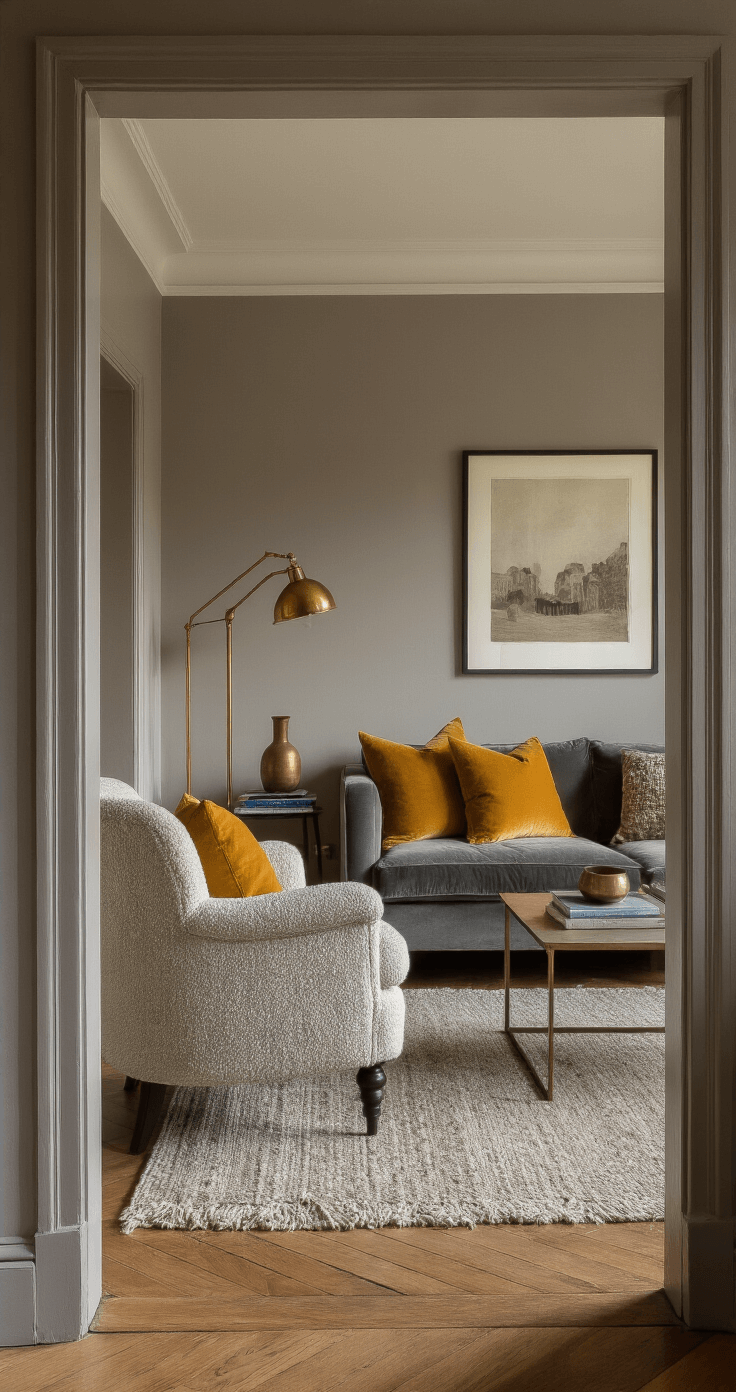 An intimate living space at golden hour with warm grey walls, featuring mid-century and contemporary furniture. A pearl grey bouclé armchair and slate velvet sofa are complemented by mustard yellow accent pillows and a vintage brass floor lamp. Herringbone wooden floors are visible beneath a plush Moroccan rug. The scene includes intentional layering of books, ceramics, and metallic objects, all softly illuminated to emphasize a cozy ambiance.