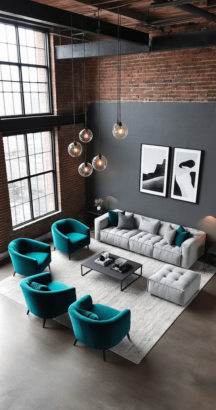 Dramatic urban loft living room featuring 12ft ceilings, dark grey exposed brick walls, and industrial steel beams, highlighted by a cloud-like light grey modular sofa, teal velvet accent chairs, layered lighting, and a black and white photography gallery wall.