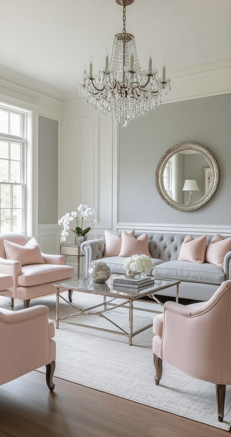 Bright corner living room featuring grey grasscloth wallpaper and soft grey architectural wainscoting, with a classic granite grey linen sofa and blush pink accent chairs, illuminated by morning light and a crystal chandelier.