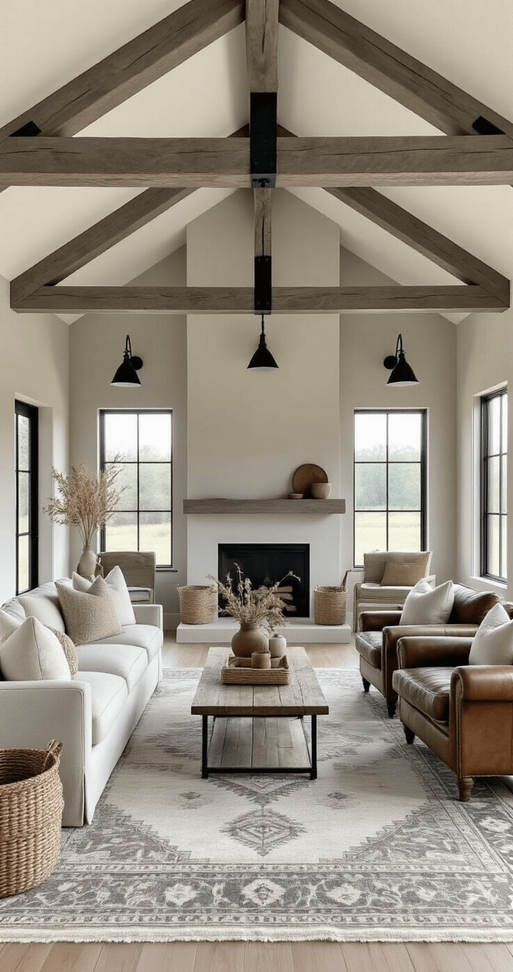 Modern farmhouse living space featuring weathered grey wooden beams, warm greige walls, natural linen sofas, distressed leather armchairs, and a vintage Persian rug, accented by black metal lighting and window frames, with decorative woven baskets and dried botanicals.
