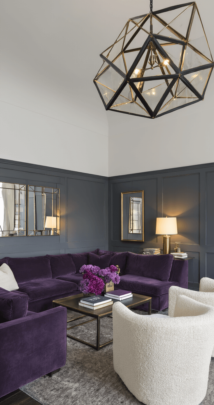 A sophisticated living room at dusk featuring two-tone walls in dark grey and light grey, with a purple-grey velvet sectional and cream bouclé chairs. Antiqued mirror panels reflect warm light, while a black and gold geometric light fixture casts dramatic shadows. The space is styled with art books, brass objects, and deep purple florals, emphasizing evening ambiance and reflective surfaces.