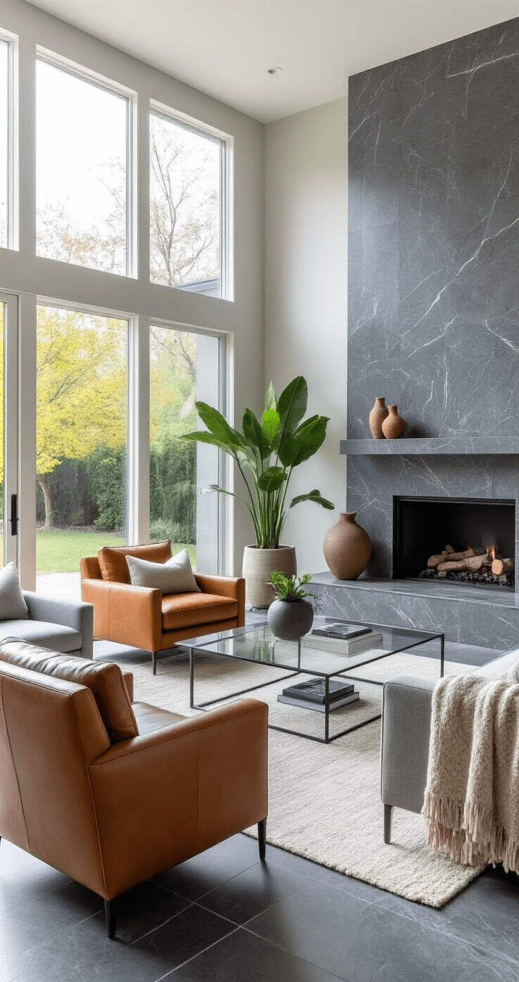 Modern living room featuring floor-to-ceiling windows, a grey marble fireplace, and charcoal limestone flooring, adorned with clean-lined furniture in grey tones and cognac leather chairs, accented by large pottery and architectural plants, with a glass coffee table reflecting natural light.