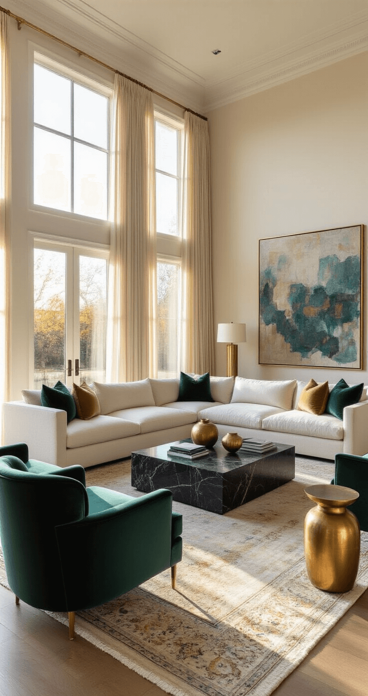Expansive living room with 12' ceilings, featuring a large ivory bouclé sectional, black marble coffee table, velvet emerald accent chairs, and a hand-knotted Persian rug, illuminated by warm golden hour light through floor-to-ceiling windows. The decor includes a gallery wall with an abstract painting, brass accents, and sculptural ceramics, creating a serene and sophisticated atmosphere.