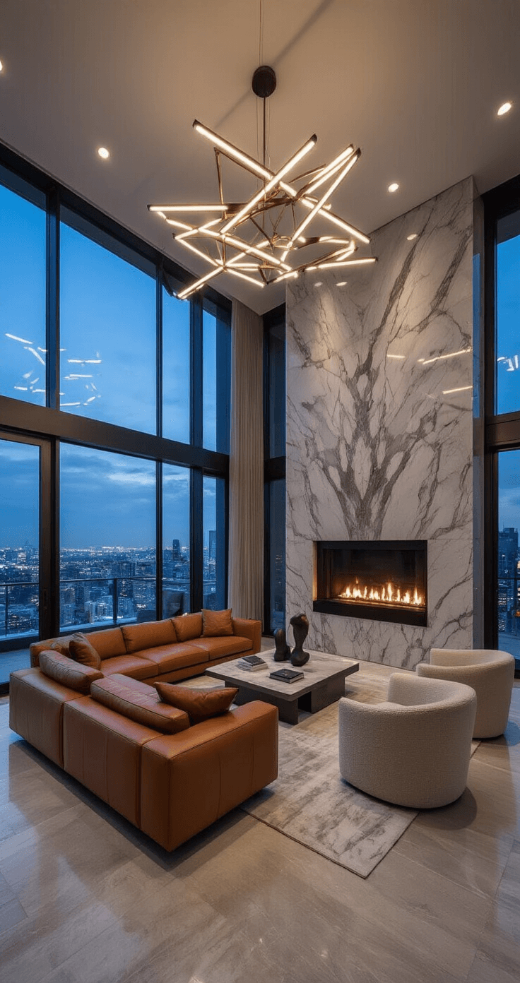 Modern penthouse living space at dusk featuring double-height windows showcasing city lights, a central floating fireplace with marble surround, Italian leather sectional in cognac, curved bouclé chairs, geometric chandelier, and minimalist decor with layered lighting.