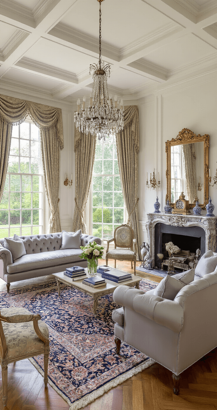 A traditional manor living room with 14' coffered ceilings, herringbone hardwood floors, and bay windows dressed in damask curtains, showcasing a garden view. The formal seating includes tufted pearl grey silk sofas and antiqued velvet Louis XVI chairs, set on an antique Persian Tabriz carpet. A marble fireplace with an ornate mantle complements gilt-framed mirrors and a crystal chandelier, while blue-and-white porcelain, leather-bound books, and fresh flowers add elegant accessories, illuminated by natural light and warm artificial fill.