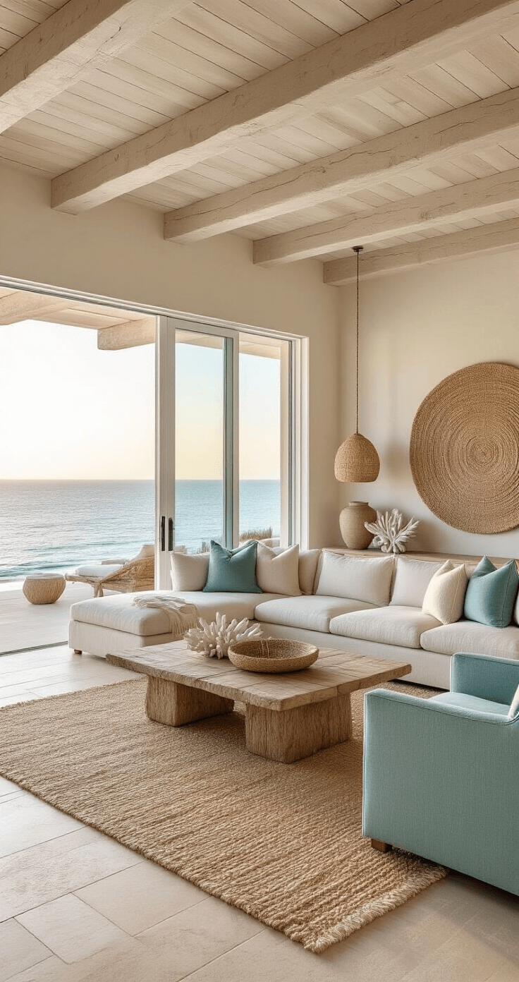 A contemporary coastal living room at sunset featuring whitewashed wood beams, limestone floors, and floor-to-ceiling sliding doors with an ocean view. The sandy beige linen sectional is anchored by a natural fiber rug, complemented by seafoam blue velvet accent chairs. Decor includes a driftwood coffee table, woven pendants, textured wallcovering, organic sculptures, oversized coral specimens, and woven baskets, all bathed in warm backlight.