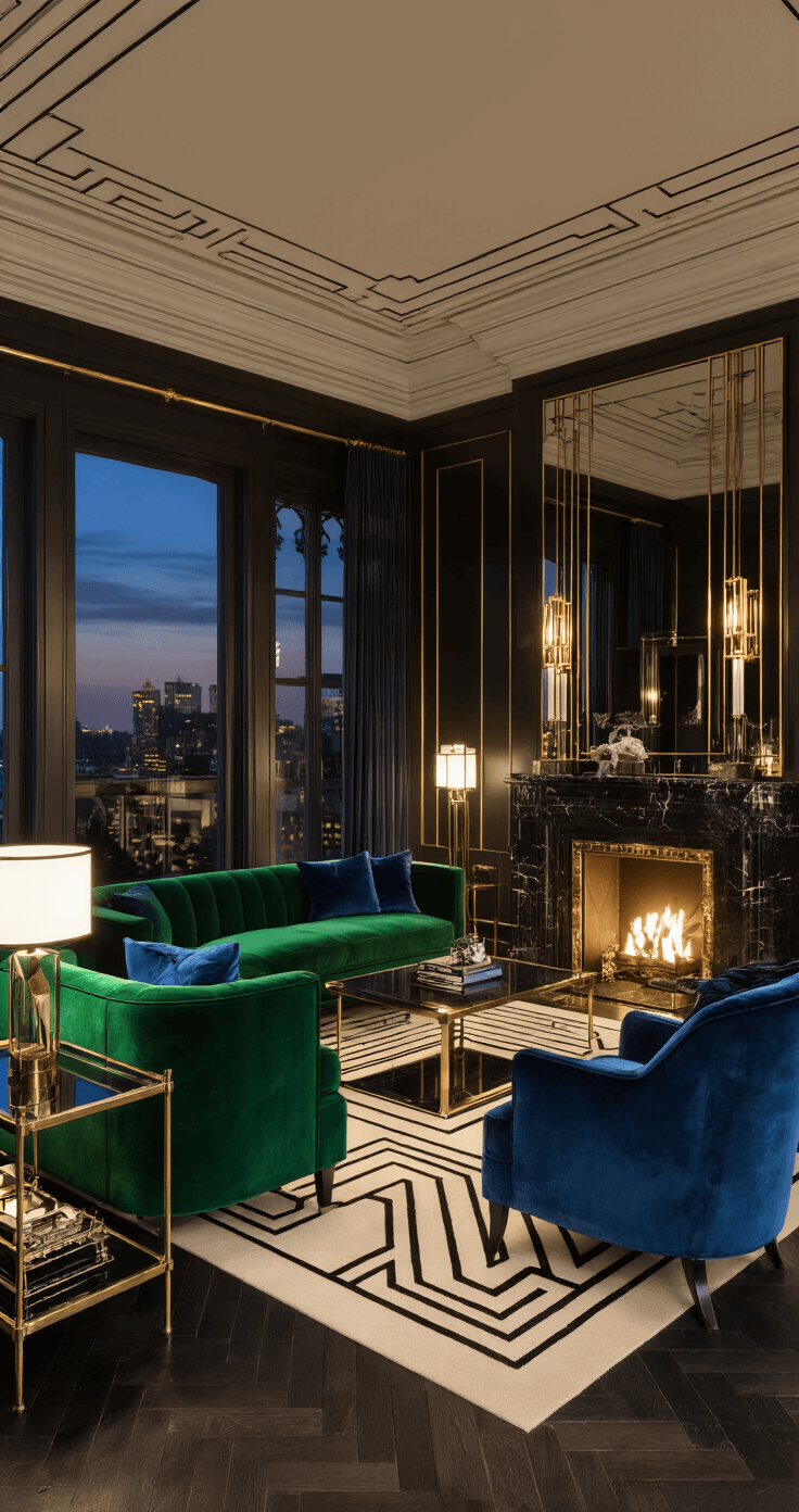 Art Deco-inspired living room at twilight featuring 10' ceilings with geometric crown molding, dark herringbone floors, and jewel-toned velvet seating. The scene includes an emerald sofa and sapphire chairs, a black marble fireplace with brass inlay, a mirrored accent wall, and a cream and black geometric carpet. Stepped brass and glass side tables, a vintage bar cart, contemporary art, and geometric sconces provide mood lighting, all captured with dramatic directional lighting for a glamorous and sophisticated feel.