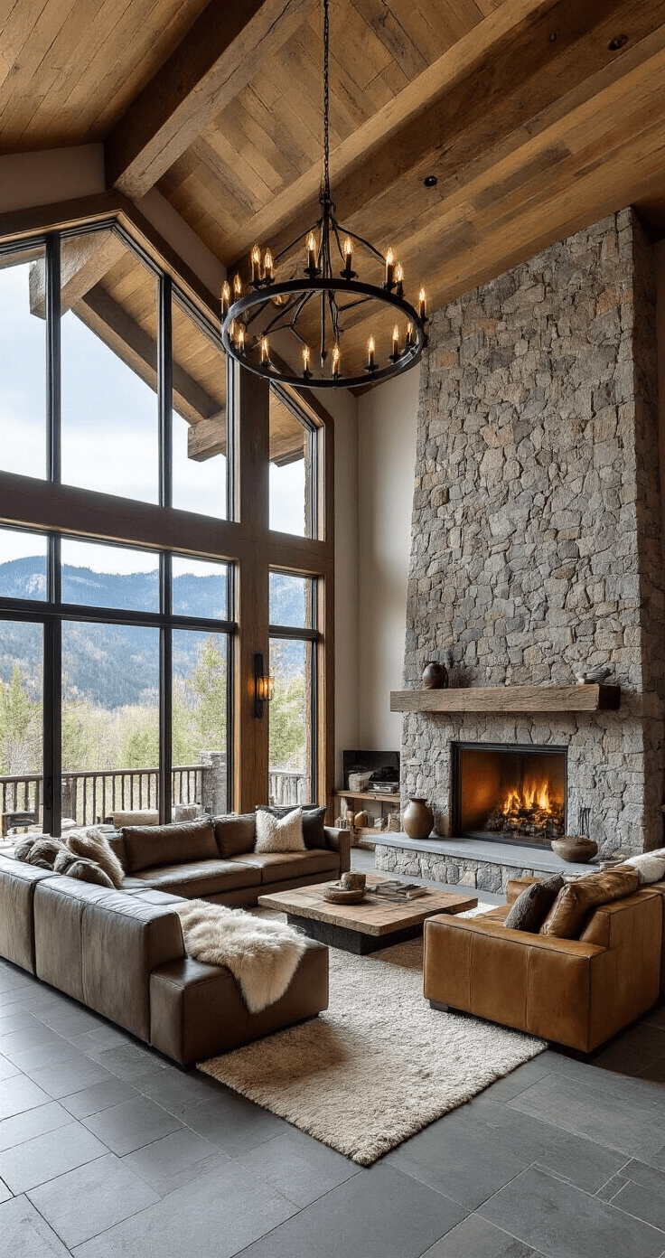 A spacious great room with a massive stone fireplace and exposed timber beams, featuring floor-to-ceiling windows showcasing mountain views, grey limestone floors, and an oversized leather sectional with sheepskin accent chairs. The room includes a layered texture of a hide rug, woven pillows, and ceramic vessels, illuminated by natural light and an iron chandelier that adds organic luxury.