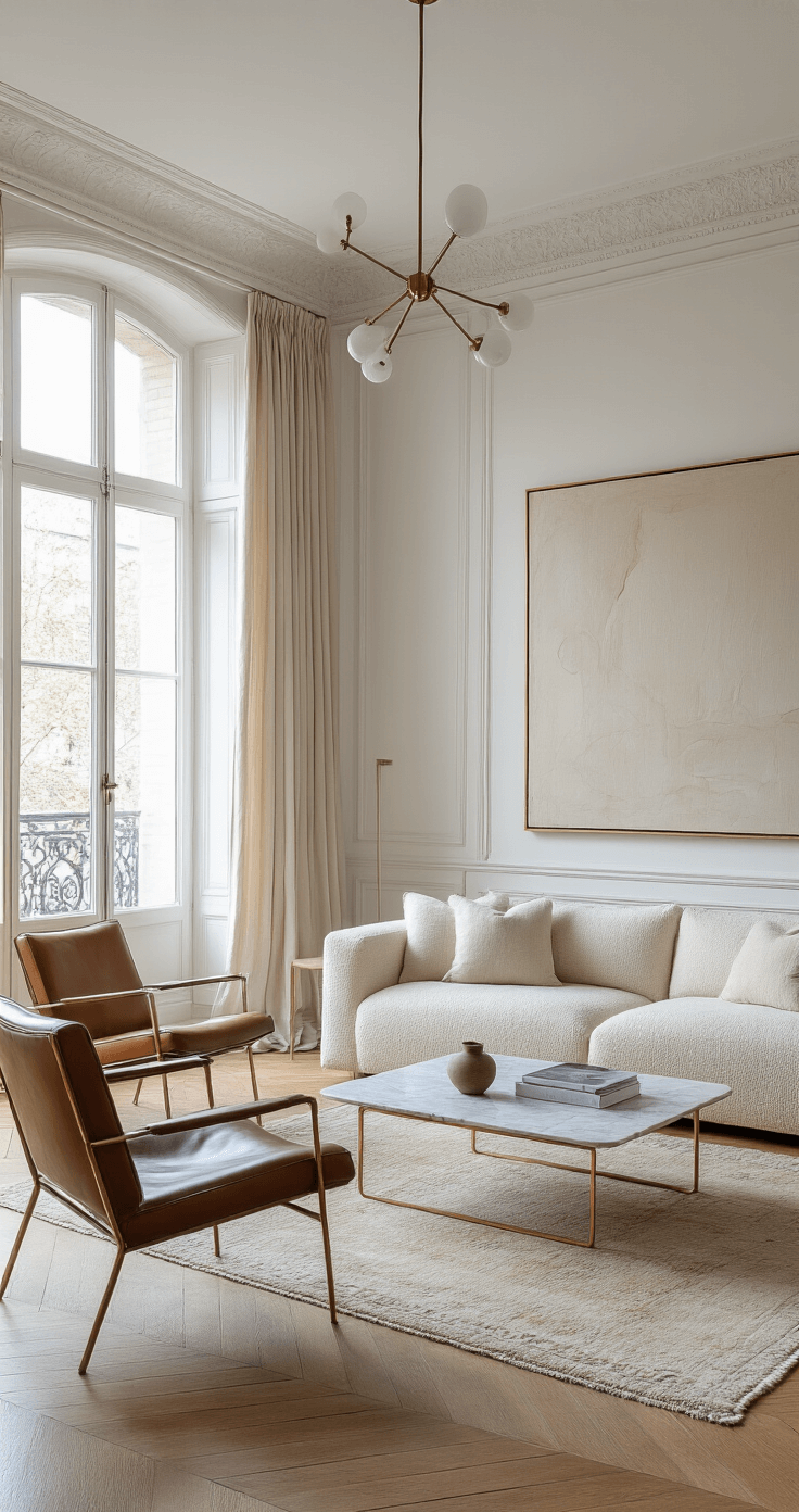 A contemporary French living room bathed in morning light, featuring parquet floors and steel-framed windows. The space includes a cream bouclé sofa, vintage leather chairs, and a brass-framed marble coffee table, accented by an oversized abstract canvas, silk drapery, and a vintage Moroccan rug, all underscored by a modern chandelier.