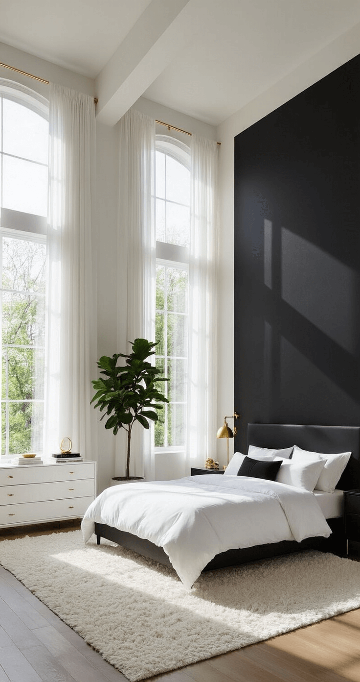 A spacious master bedroom featuring a king-size bed with white linens against a dramatic black accent wall, large windows with sheer curtains, a black dresser, white nightstands, and a plush white area rug, illuminated by soft morning light with gold accents and a fiddle leaf fig in the corner.