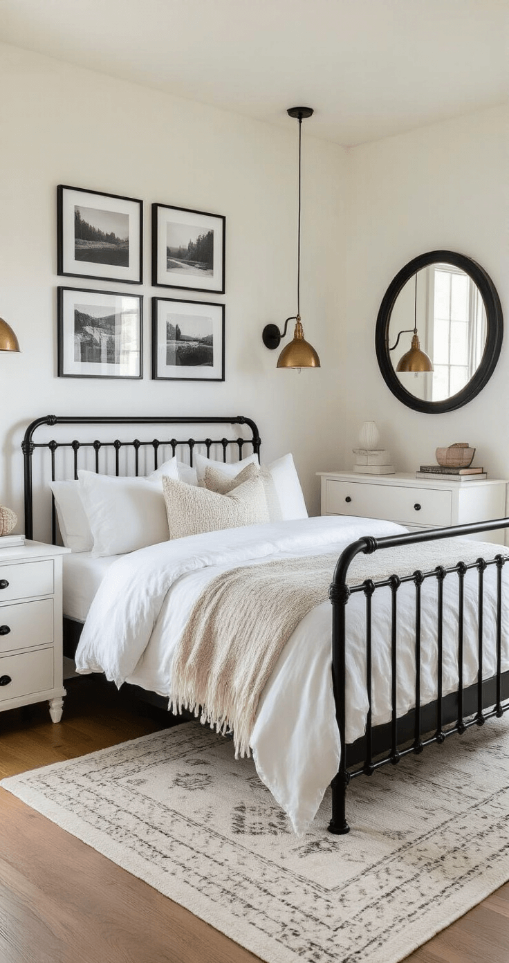 An intimate guest bedroom bathed in warm afternoon light, featuring a striking black iron bed with white bedding and textured pillows, white walls with a black and white photography gallery, a sleek white dresser with a round black-framed mirror, and warm metallic accents in light fixtures, captured from a high corner angle to highlight geometric shapes and contrasts.