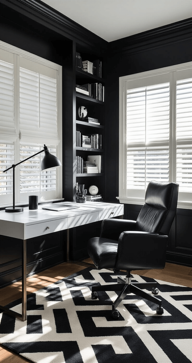 Chic home office featuring floor-to-ceiling matte black built-in bookshelves, a modern white desk, black leather chair, and geometric black and white area rug, illuminated by late afternoon sunlight through white Roman shades.