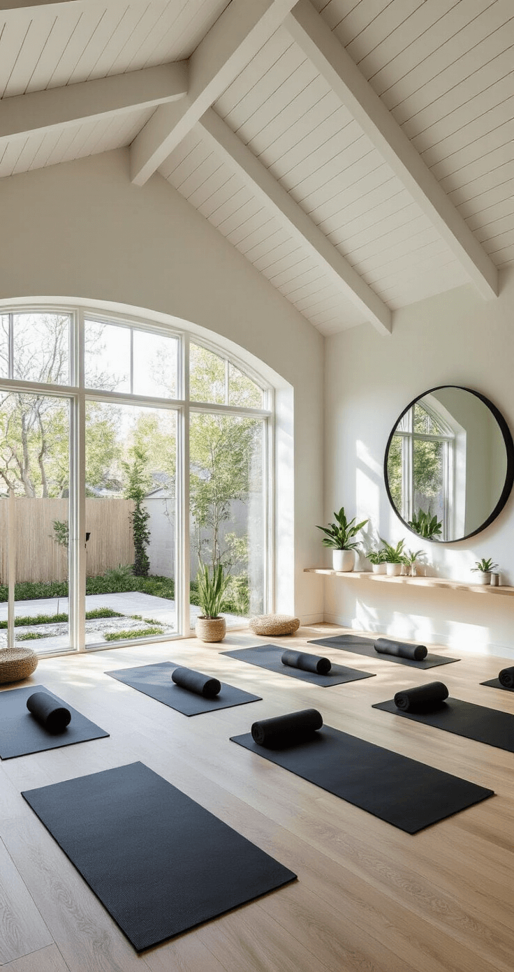 A serene yoga room with vaulted ceilings, large windows overlooking a zen garden, black yoga mats on light wood flooring, white walls with minimalist art, and a black accent wall featuring a round mirror and floating plant shelves, captured from a low angle in soft natural light.