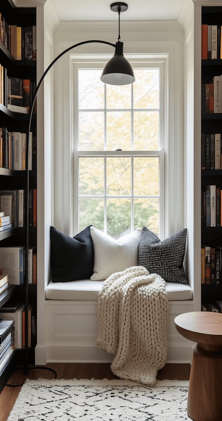Cozy reading nook in an alcove with a built-in white window seat adorned with black and white patterned pillows and a chunky knit throw, surrounded by floor-to-ceiling black bookshelves filled with colorful books and decorative items, illuminated by soft afternoon light from a bay window, featuring a sleek black floor lamp and a warm wood side table.