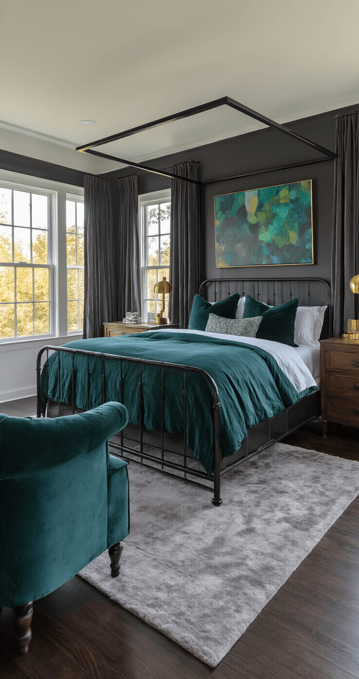 A spacious bedroom featuring a king-size canopy bed with a black metal frame, dressed in inky blue and deep green linens. Dark walnut nightstands with sculptural brass lamps flank the bed, while a plush teal velvet armchair sits in the corner. The rich charcoal walls are adorned with a large abstract artwork in jewel tones, and a deep gray faux fur rug covers the dark hardwood floors. Soft golden hour light filters through sheer charcoal curtains, creating a cozy atmosphere.