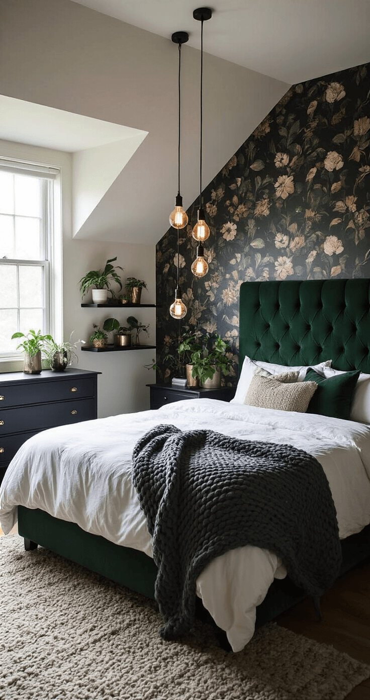 A cozy 12x12 ft bedroom with a sloped ceiling, featuring a queen-size bed with a deep emerald green tufted headboard, illuminated by warm Edison bulbs. The room has dark floral wallpaper, a vintage black dresser, and floating black shelves with plants and metallic decor. A chunky knit throw in charcoal adds texture to the crisp white linens.