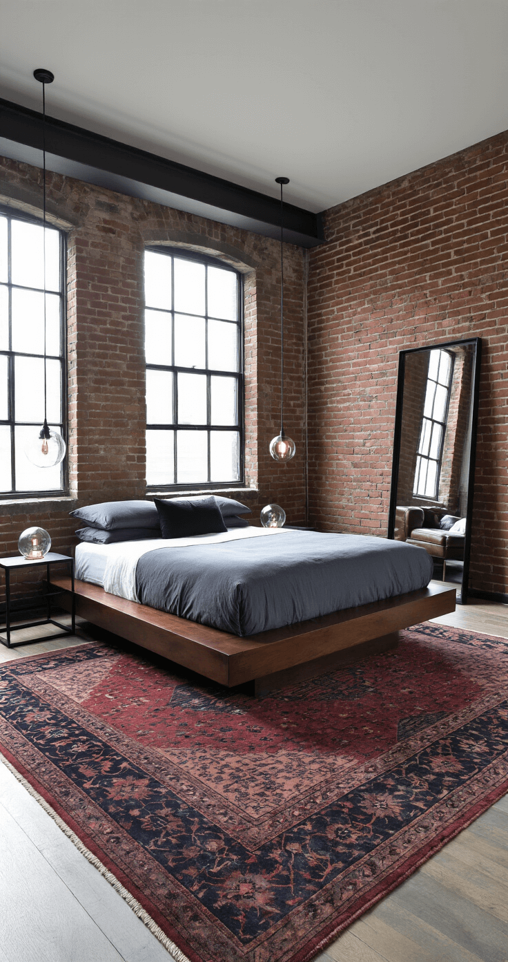 A spacious modern loft-style bedroom featuring exposed brick walls, a low-profile dark oak platform bed on a burgundy and navy patterned rug, minimalist black metal nightstands with glass globe lamps, and a large black-framed mirror. The room is illuminated by mid-morning light from industrial-style windows, with a cozy reading nook including a leather armchair and floor lamp. The deep charcoal brick and copper accents create a warm ambiance.