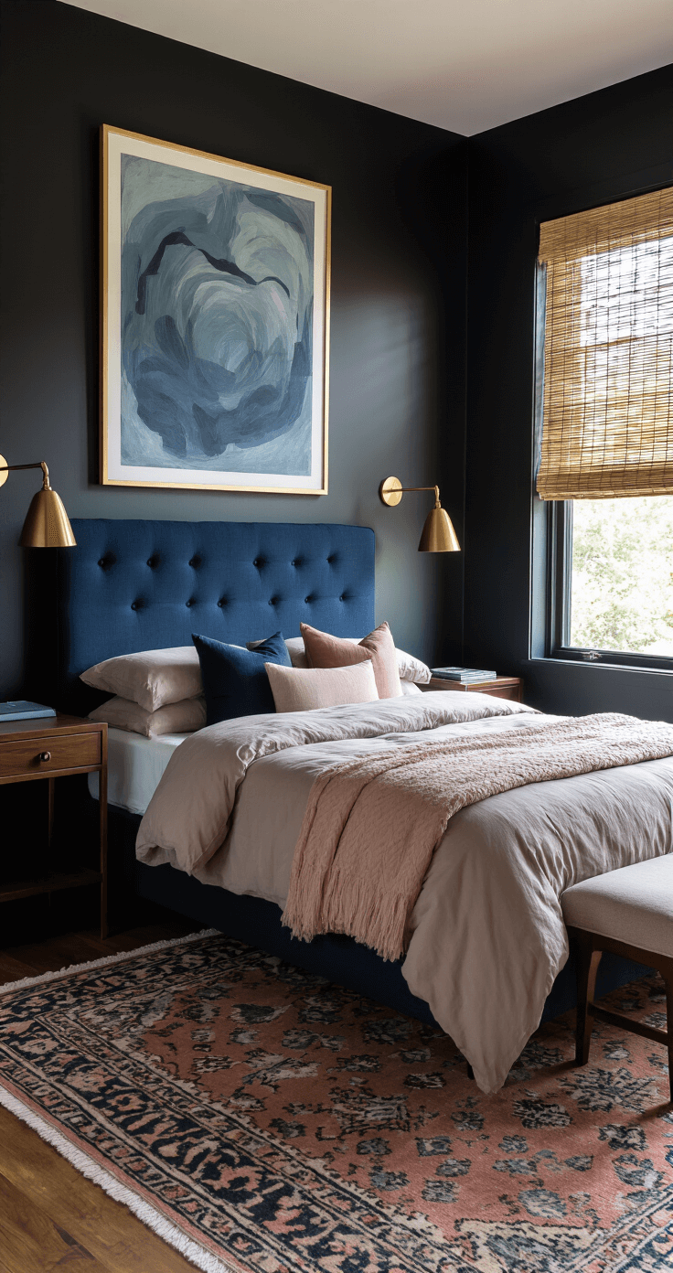 A cozy guest bedroom featuring a full-size bed with a navy upholstered headboard, layered taupe and blush linens, and moody blue artwork. Brass sconces flank the bed under soft afternoon light from bamboo blinds, while a dark walnut writing desk beneath the window and a Moroccan-inspired rug complete the stylish atmosphere against deep black walls.