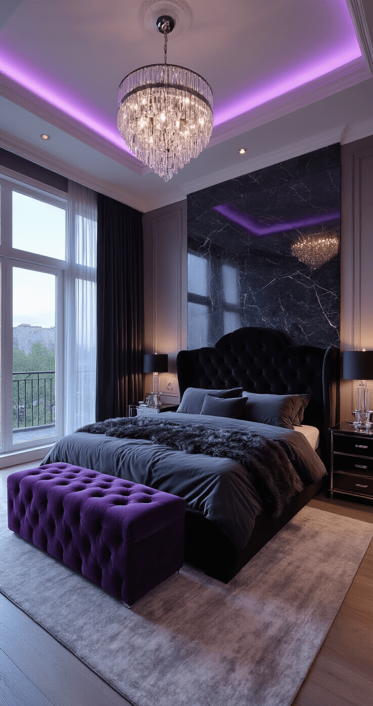 A luxurious master bedroom with tray ceilings and dusk lighting casts a purple glow through floor-to-ceiling windows. The California king bed features a black velvet headboard, silky charcoal sheets, and a faux fur throw. Twin lucite nightstands hold modern lamps, while a tufted amethyst bench sits at the foot of the bed. A dark marble fireplace and sheer black curtains add sophistication, highlighted by a crystal chandelier. The low angle view emphasizes the room's height and grandeur, creating a romantic atmosphere.