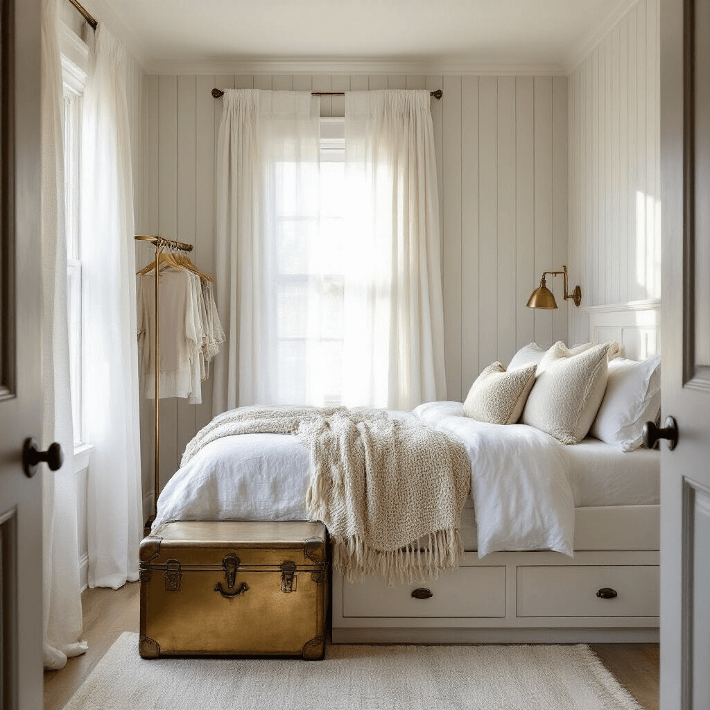 Small Guest Bedroom Ideas: Transform Tiny Spaces into Cozy Retreats A cozy compact guest bedroom bathed in golden hour light, featuring a queen-size platform bed with built-in drawers, vertical striped cream and pale gray wallpaper, and vintage brass accents, all seen through sheer white curtains from the doorway.