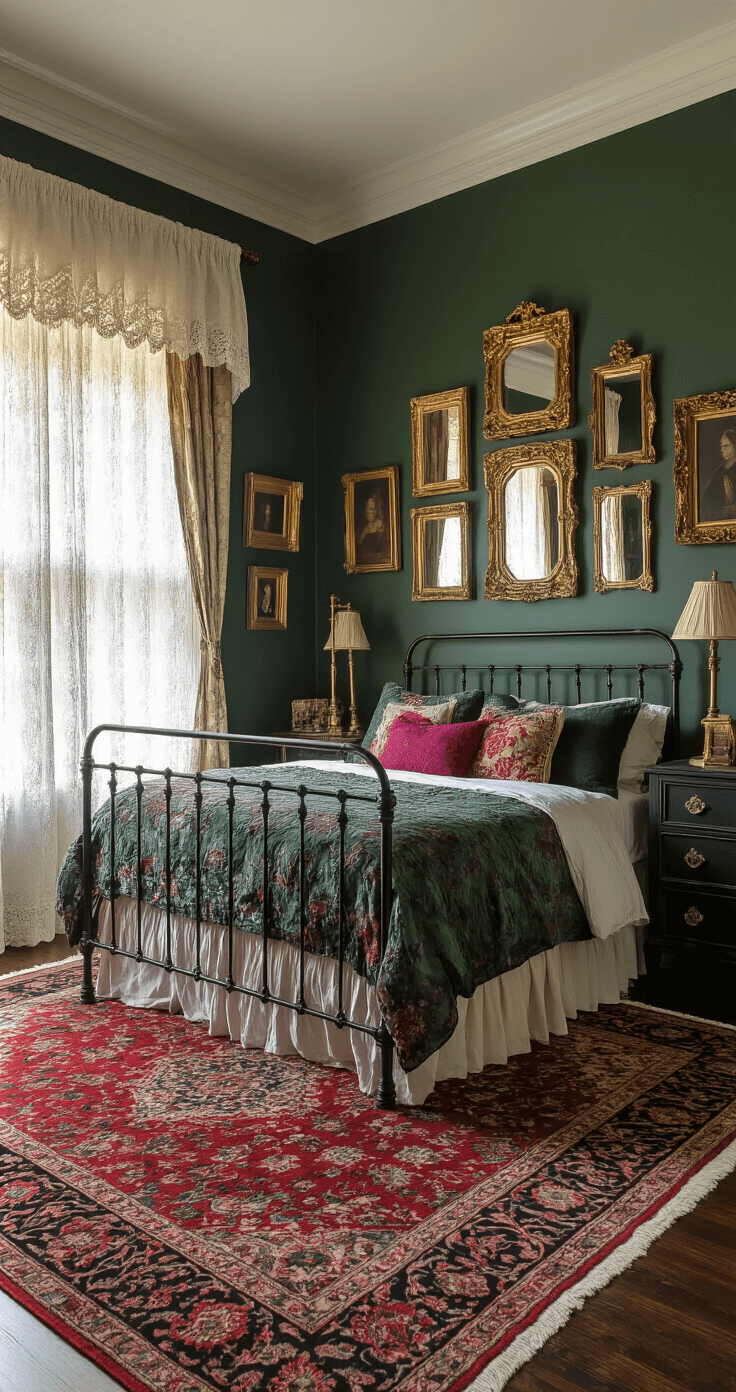 An eclectic bedroom with vintage lace curtains, a wrought iron bed adorned with jewel-toned pillows, an antique matte black dresser with ornate mirrors, deep forest green walls featuring a gold-framed gallery wall, a Persian rug over dark hardwood floors, and warm brass floor lamps, all bathed in soft morning light.