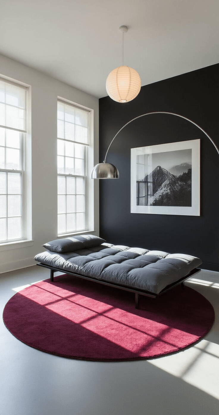 A minimalist bedroom with charcoal gray futon on a deep burgundy rug, black accent wall featuring a large black and white photograph, stark white walls, clerestory windows, and soft paper lanterns, all illuminated by bright midday light.