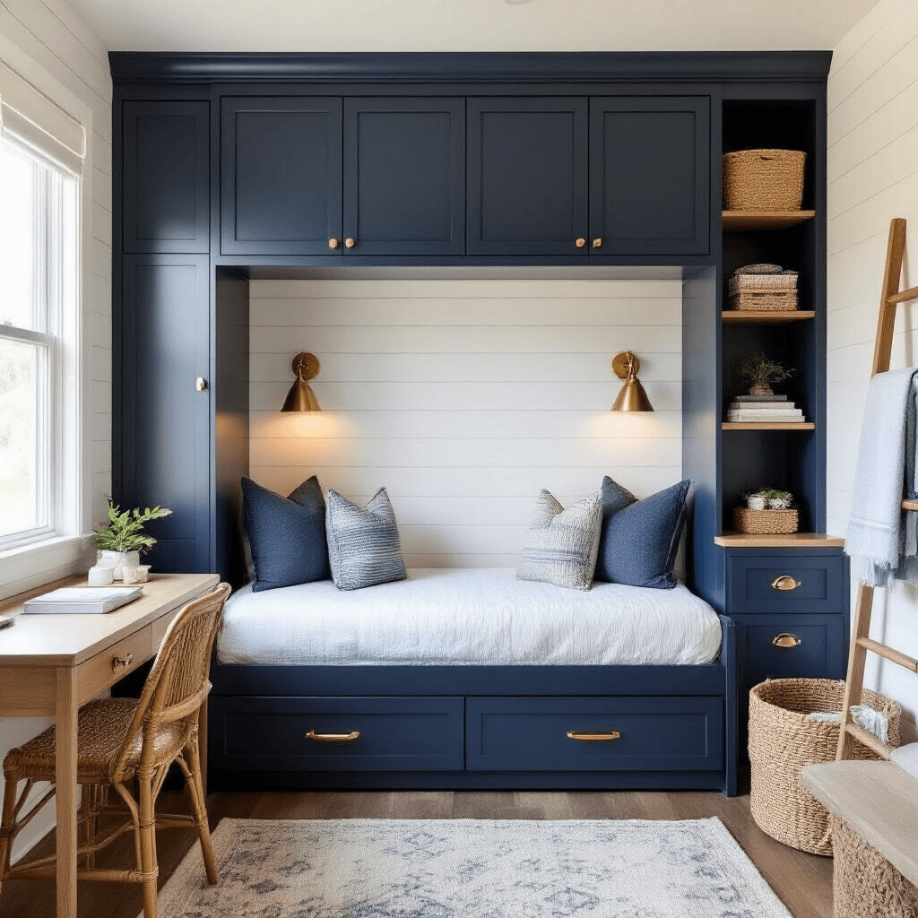 Small Guest Bedroom Ideas: Transform Tiny Spaces into Cozy Retreats Interior view of a petite guest suite featuring a navy blue murphy bed with integrated shelving, white shiplap walls, and rattan accents. The room is bathed in diffused natural light, showcasing a floating desk that serves as a nightstand, along with wall-mounted sconces and a bleached oak towel rack, all emphasizing clever space utilization and a coastal aesthetic.