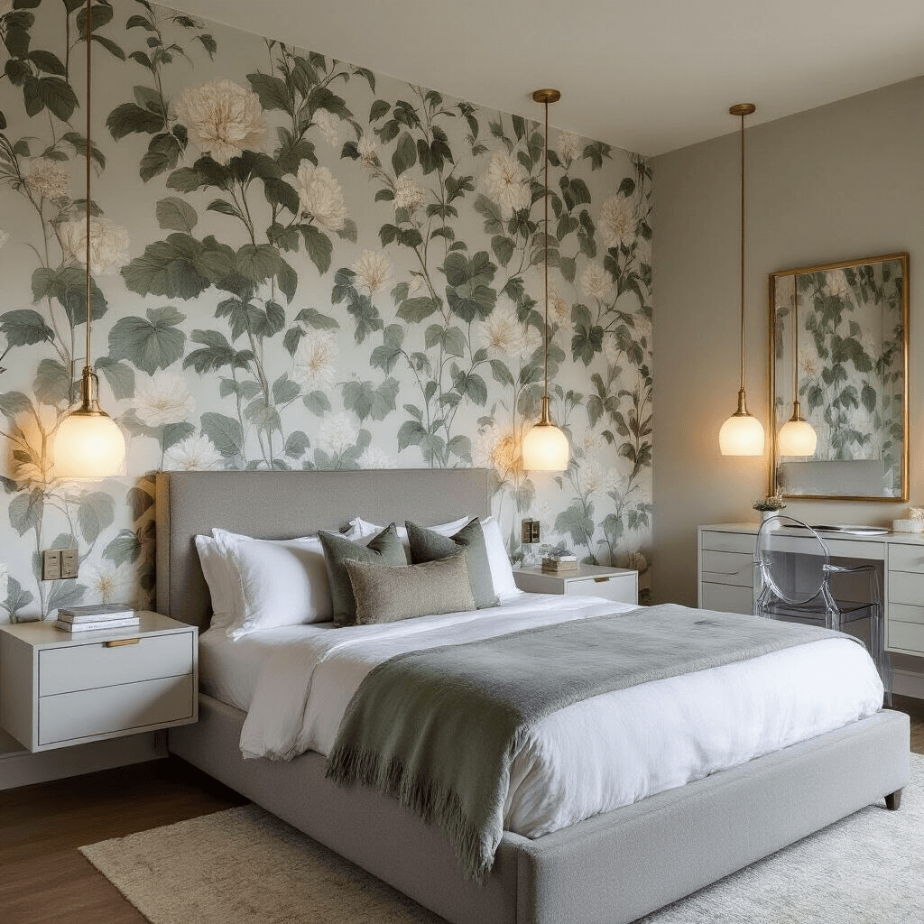 Small Guest Bedroom Ideas: Transform Tiny Spaces into Cozy Retreats Intimate guest room featuring a dove gray upholstered bed beneath oversized botanical wallpaper in sage and cream, with floating nightstands, a lucite ghost chair, and brass-framed mirrors, all illuminated by soft artificial light during blue hour.