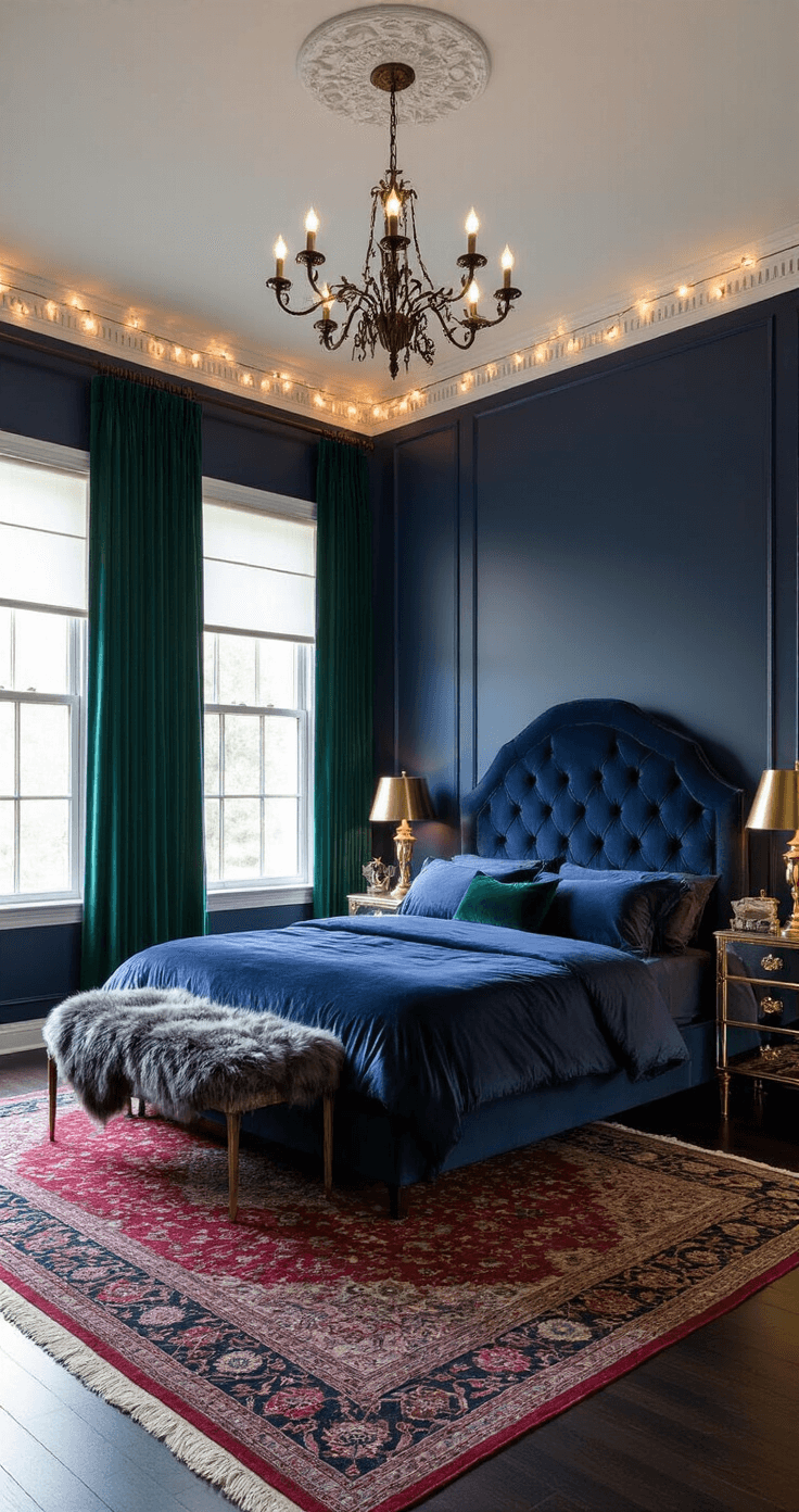 A luxurious 15x18ft bedroom featuring high ceilings and crown molding, with deep navy blue walls and soft evening light. A king-size bed with a velvet headboard, satin midnight blue sheets, and a charcoal faux fur throw is centered in the room. Mirrored nightstands with brass lamps flank the bed, while a Persian rug in deep reds and blues covers dark hardwood floors. Floor-length emerald green curtains frame tall windows, and a wrought iron chandelier, along with string lights, casts a warm glow.