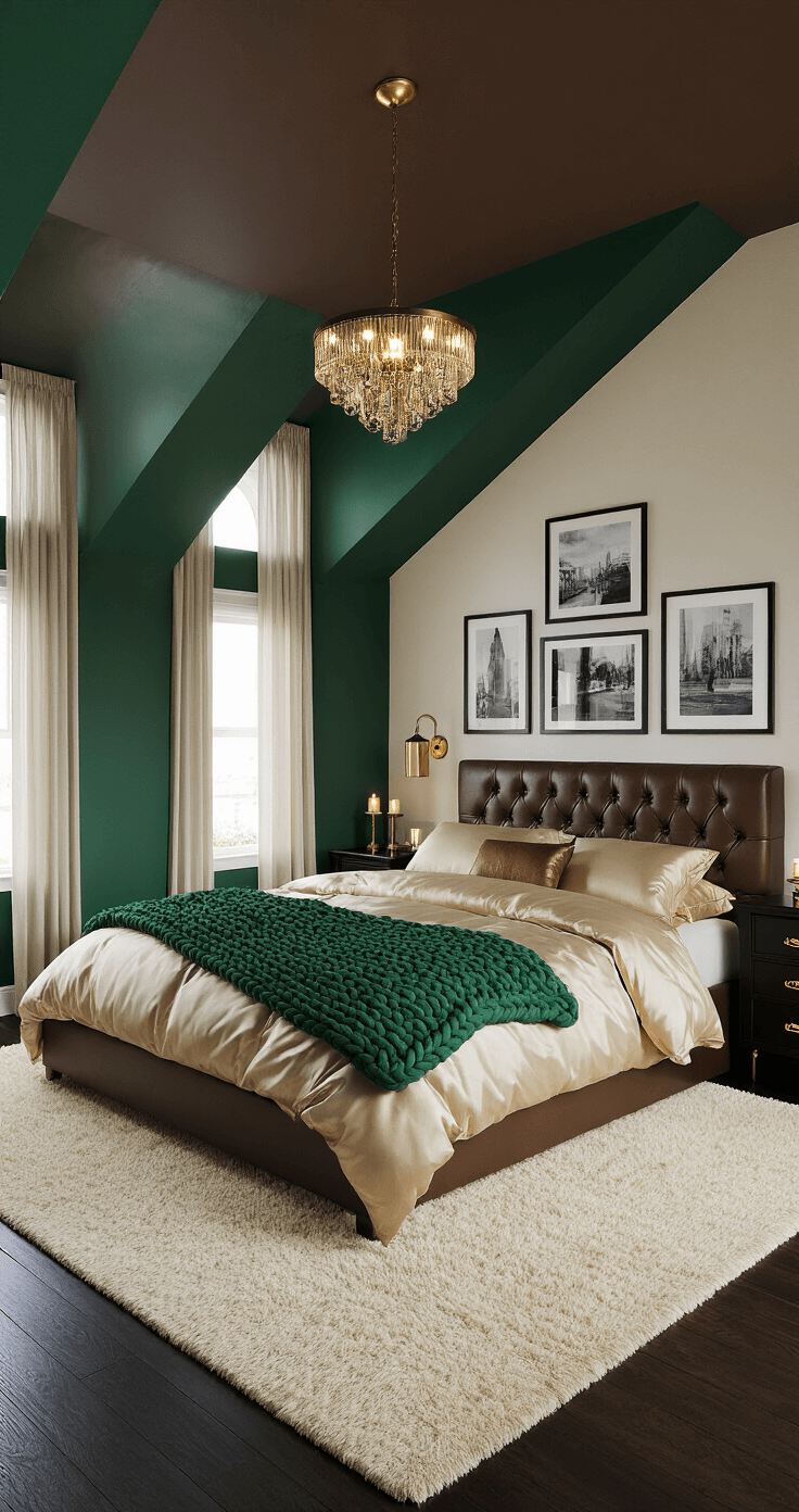 A cozy 12x14ft bedroom with sloped emerald green walls and a chocolate brown ceiling, featuring a queen-size bed with a tufted leather headboard, silky champagne sheets, and a forest green chunky knit blanket, illuminated by morning sunlight through sheer curtains. Dark wood nightstands with gold hardware hold LED candles, and a plush cream rug covers the dark walnut floor, while black and white photographs create a gallery wall. A small brass chandelier hangs above, casting soft light across the inviting space.