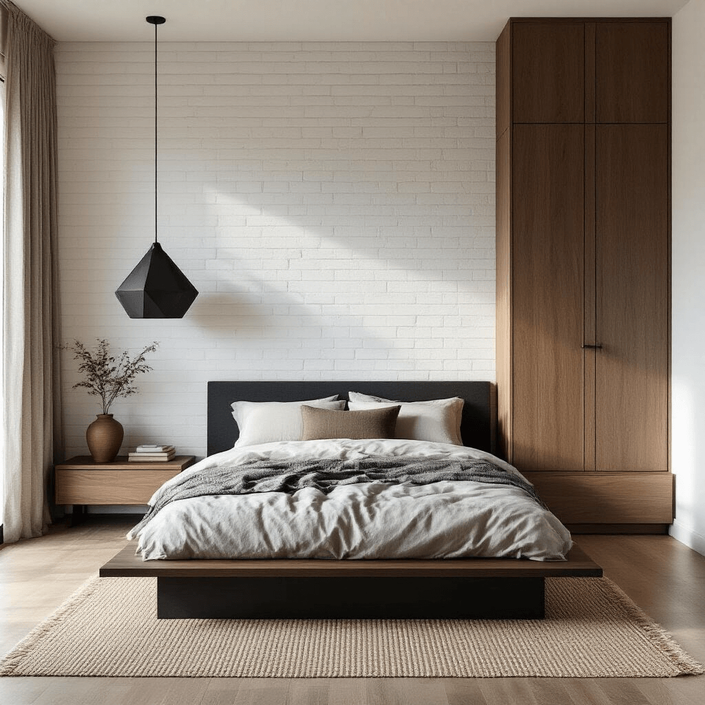 Small Guest Bedroom Ideas: Transform Tiny Spaces into Cozy Retreats A bright midday photograph of a minimalist guest bedroom featuring a Japanese-inspired low black-stained oak bed against a white brick wall, with warm walnut floor-to-ceiling storage, a matte black geometric pendant light, and a neutral palette of charcoal and warm whites, enhanced by a handwoven wool rug and linen bedding.